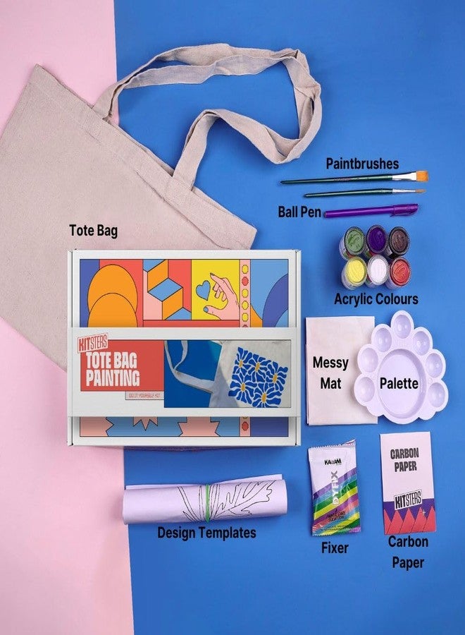 KITSTERS DIY Tote Bag Painting Kit | 100% Cotton Reusable Bags - Fabric Paints - Carbon Paper - Pen & Brushes | Birthday Gifting Items | Activity for Kids & Adults, Multicolour - Image 2